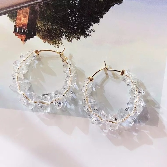 White Crystal Stone Gold Wire Hoop Earrings - Picture 8 of 8